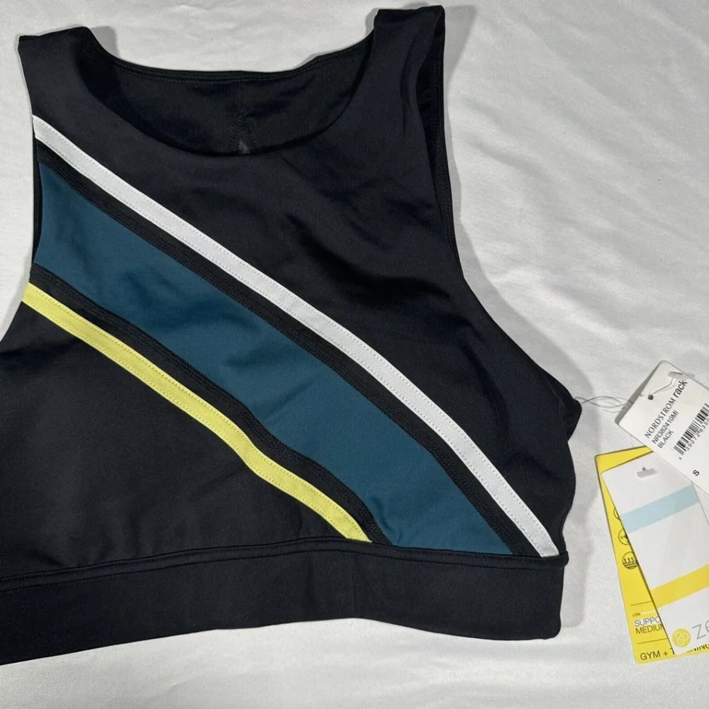 NWT Zella‎ [ Small ] High Neck Front Stripe Mesh Back Sports Bra in Black #6044